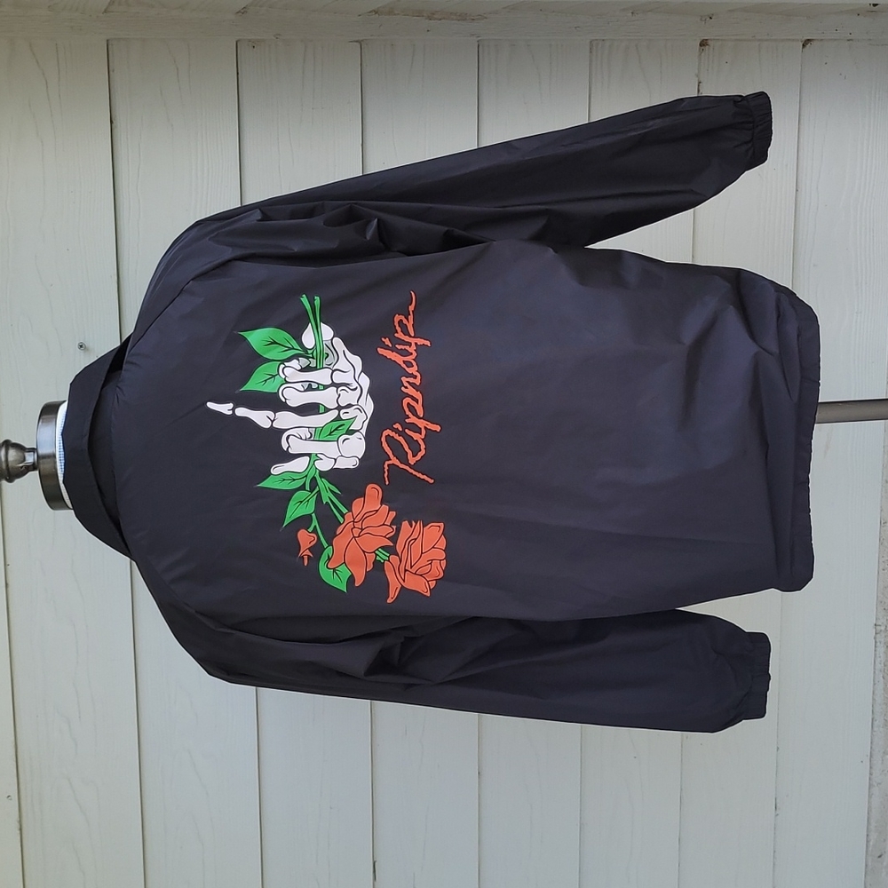 RIPNDIP Black Red Nylon Skull &‎ Roses Pattern Full Button Sz Large Light Jacket